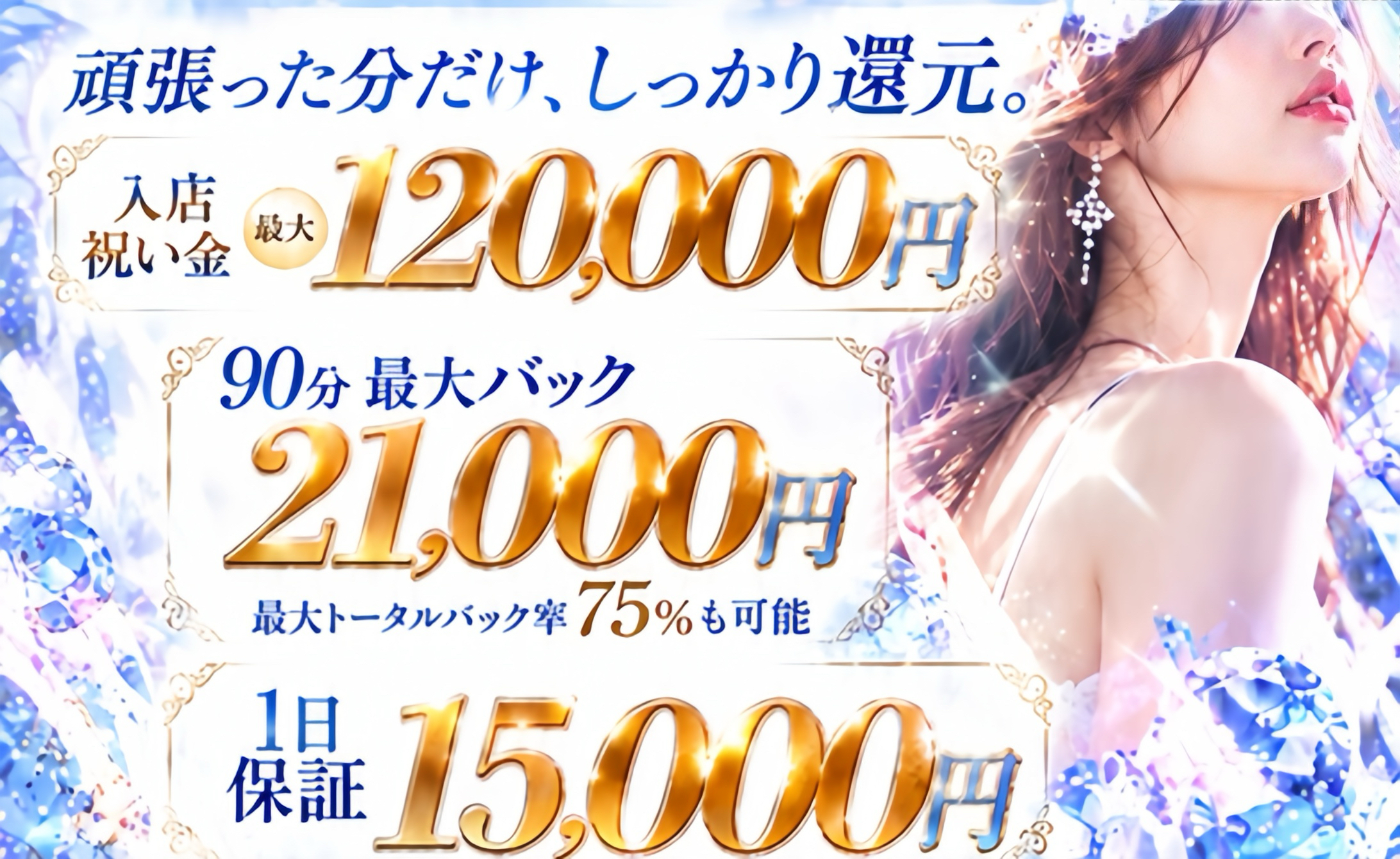 90分最大バック21,000円。最大トータルバック率75％も可能。※適用条件あり。
